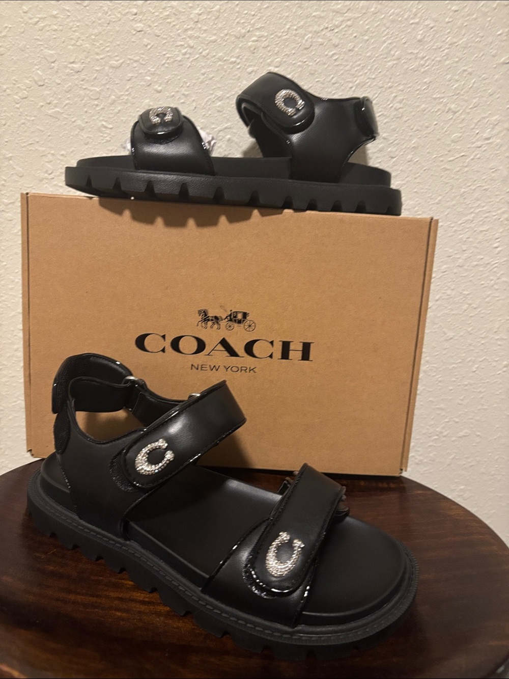 Coach women Black Leather Sandals with Crystal 'C' Straps